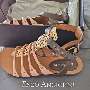 Enzo Angiolini Brown & Blush Strappy Leopard-Accent Sandals